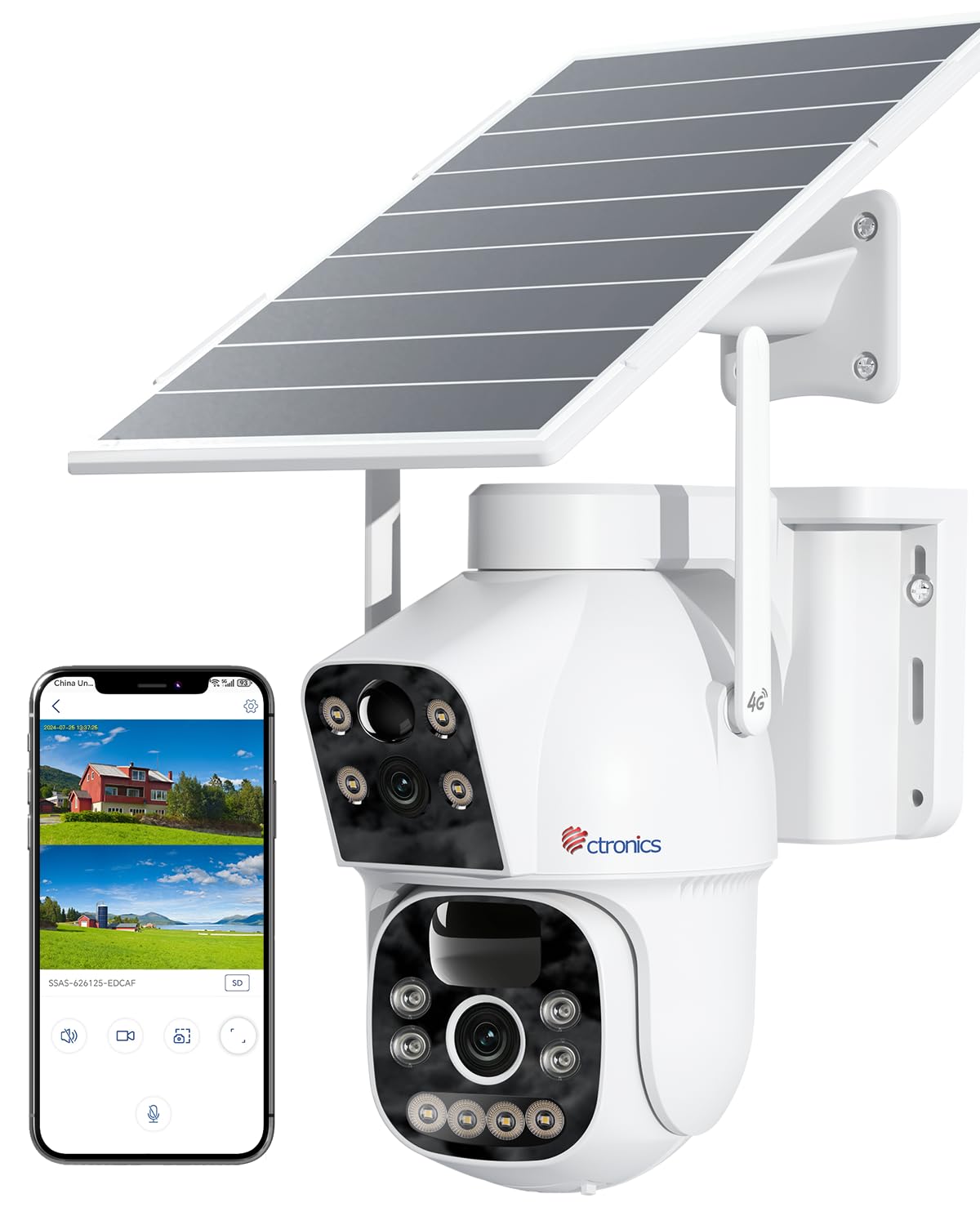 Ctronics Cámara de vigilancia exterior 4G LTE con tarjeta SIM, doble lente, batería de 15600 mAh y panel solar de 8 W, cámara solar sin cables, detección de personas Dual‑PIR