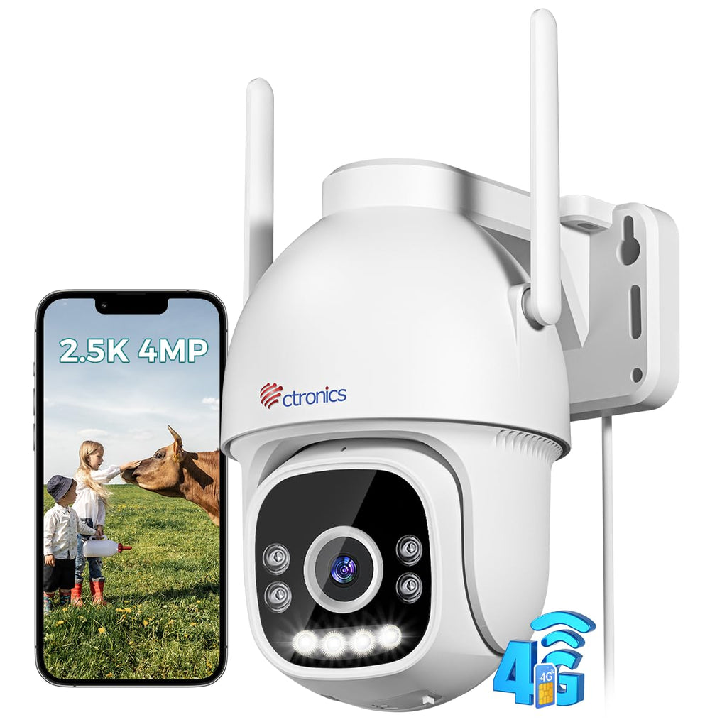 Cámara de seguridad exterior Ctronics 2.5K 4MP 3G/4G LTE con tarjeta SIM, cámara IP PTZ para exterior, detección de personas