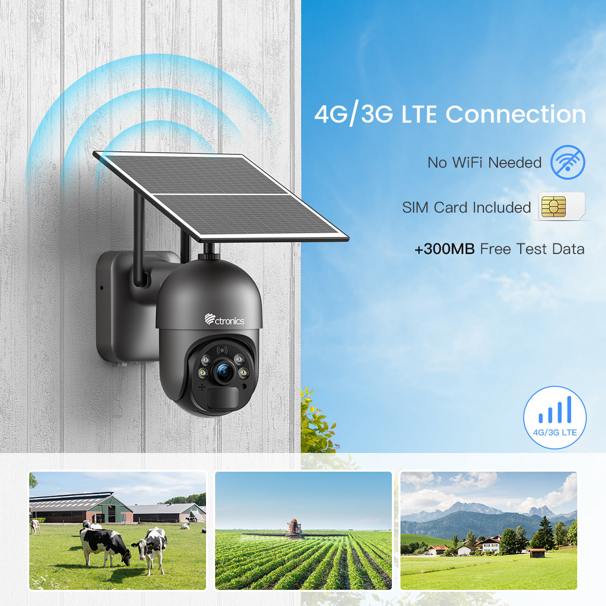 Cámara de vigilancia exterior Ctronics 3G/4G LTE con tarjeta SIM, cámara PTZ solar 100 % inalámbrica para exteriores con batería de 14400 mAh