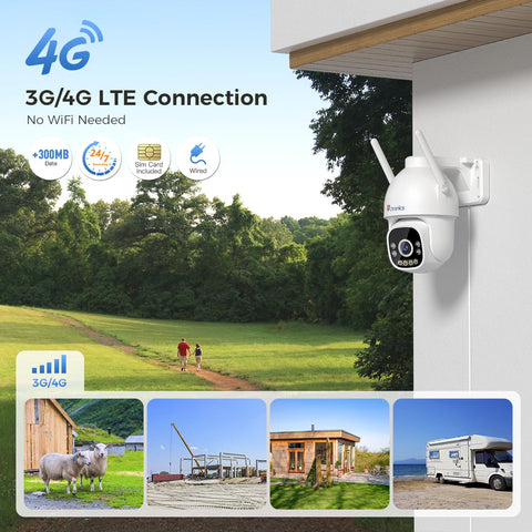 Cámara de seguridad exterior Ctronics 2.5K 4MP 3G/4G LTE con tarjeta SIM, cámara IP PTZ para exterior, detección de personas