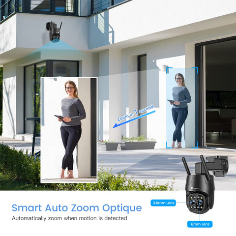 Ctronics Cámara de vigilancia exterior WLAN 2K 4MP, WiFi 2,4 GHz / 5 GHz con doble objetivo, zoom híbrido 6X