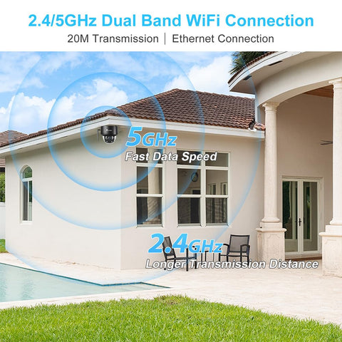 Cámara domo de vigilancia WiFi exterior de 5MP, seguimiento automático, detección humana, visión nocturna IR de 25M, giro 355° e inclinación 90°