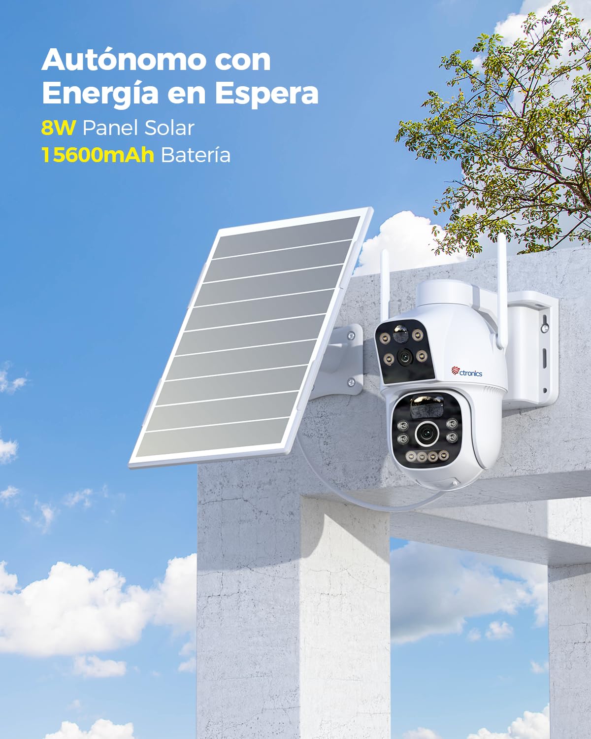 Ctronics Cámara de vigilancia exterior 4G LTE con tarjeta SIM, doble lente, batería de 15600 mAh y panel solar de 8 W, cámara solar sin cables, detección de personas Dual‑PIR