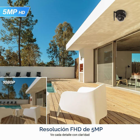 Cámara domo de vigilancia WiFi exterior de 5MP, seguimiento automático, detección humana, visión nocturna IR de 25M, giro 355° e inclinación 90°