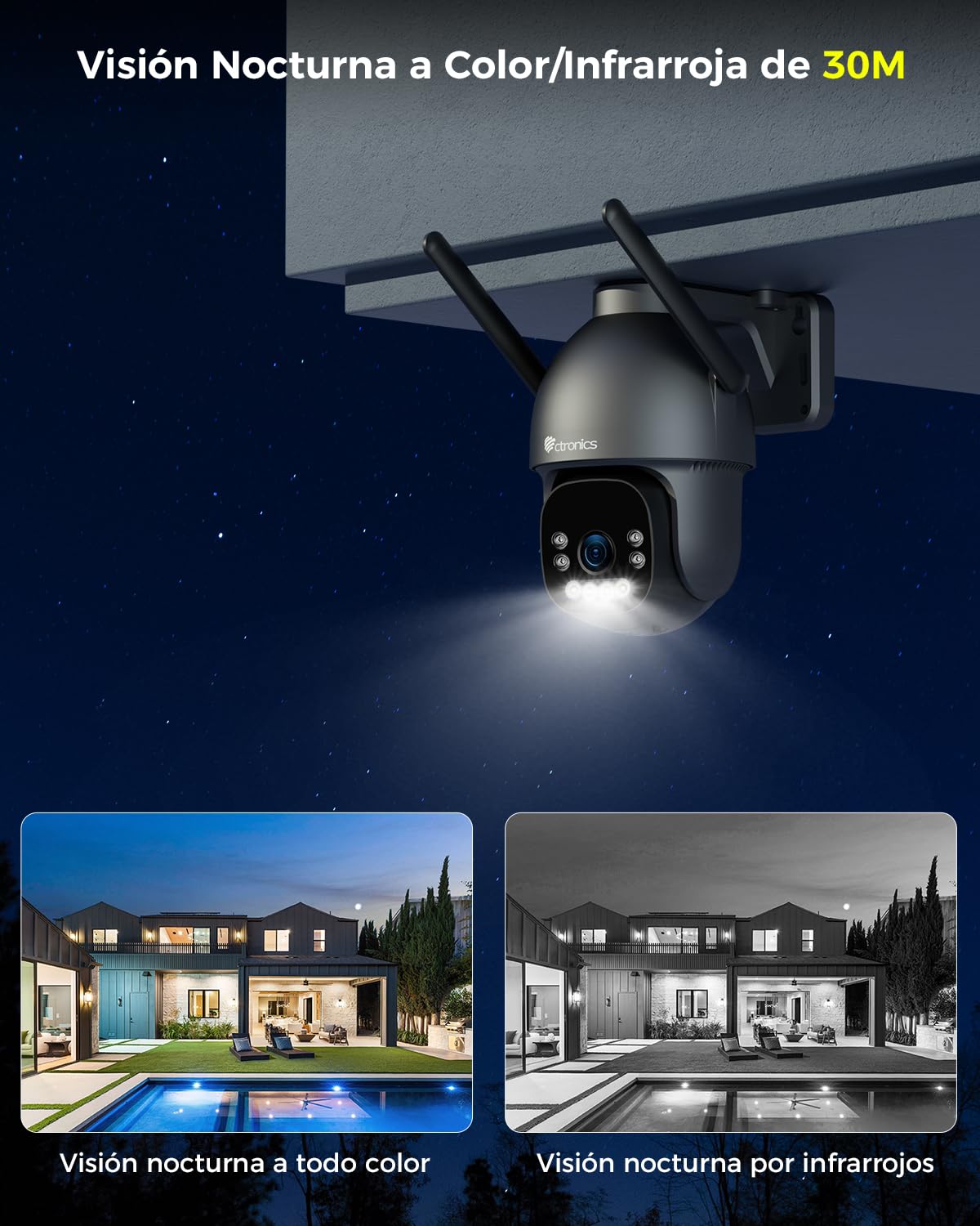 Ctronics cámara de vigilancia 4K para exteriores, visión nocturna a color de 8 MP, WiFi de 2,4 / 5 GHz, detección de personas, vehículos y animales, compatible con NVR