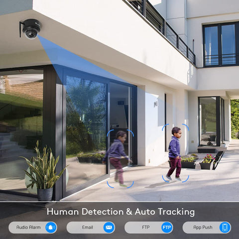 Cámara domo de vigilancia WiFi exterior de 5MP, seguimiento automático, detección humana, visión nocturna IR de 25M, giro 355° e inclinación 90°