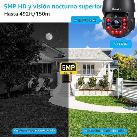 Cámara de vigilancia WiFi exterior Ctronics 5MP con zoom óptico de 30×, cámara IP HD, detección humana, seguimiento de personas y visión nocturna de 150 m