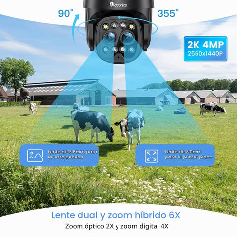 Ctronics Cámara de vigilancia exterior WLAN 2K 4MP, WiFi 2,4 GHz / 5 GHz con doble objetivo, zoom híbrido 6X