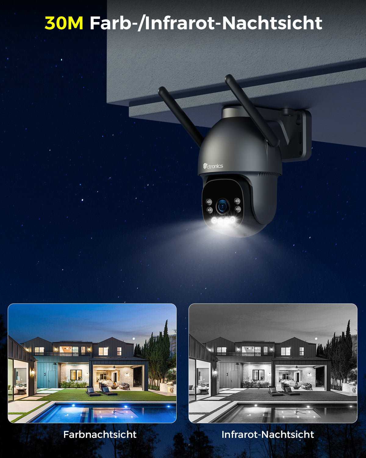 Ctronics cámara de vigilancia 4K para exteriores, visión nocturna a color de 8 MP, WiFi de 2,4 / 5 GHz, detección de personas, vehículos y animales, compatible con NVR