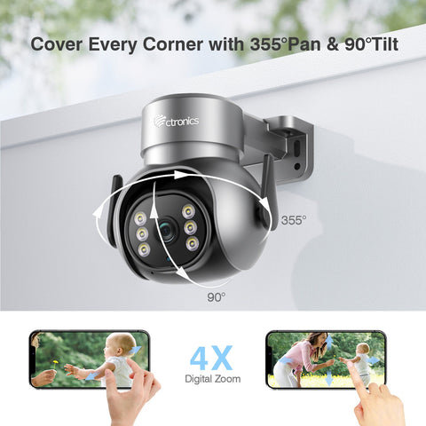 Ctronics 4K 8MP Cámara PTZ para exteriores con foco, cámara de seguridad WiFi de 2,4/5 GHz, cámara con cable para seguridad del hogar con detección de personas/mascotas/vehículos y seguimiento automático