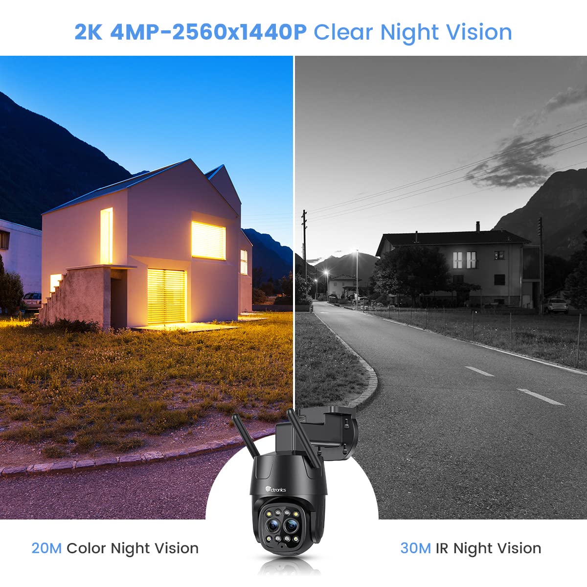 Ctronics Cámara de vigilancia exterior WLAN 2K 4MP, WiFi 2,4 GHz / 5 GHz con doble objetivo, zoom híbrido 6X