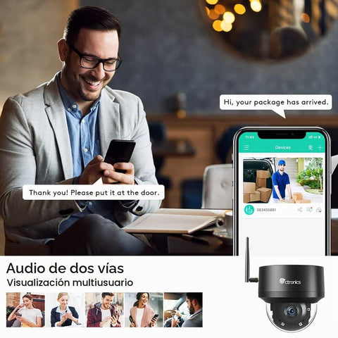 Cámara domo de vigilancia WiFi exterior de 5MP, seguimiento automático, detección humana, visión nocturna IR de 25M, giro 355° e inclinación 90°