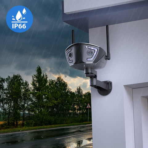 Cámara de seguridad exterior WiFi cableada Ctronics de 4MP con doble lente, campo de visión de 180° y detección de personas, vehículos y animales