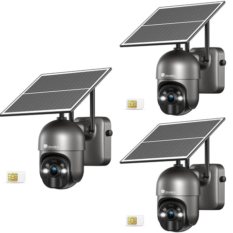 Cámara de vigilancia exterior Ctronics 3G/4G LTE con tarjeta SIM, cámara PTZ solar 100 % inalámbrica para exteriores con batería de 14400 mAh