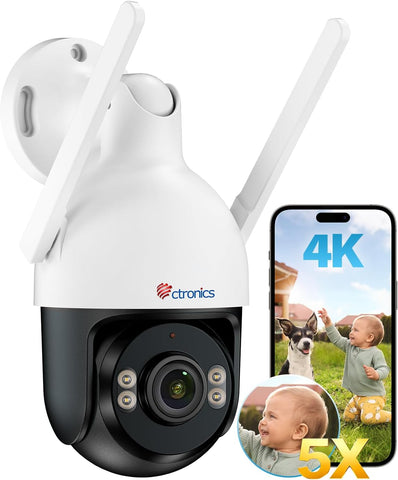 Cámara de vigilancia exterior Ctronics 4K 8MP WiFi, cámara PTZ para exterior con detección de personas, vehículos y animales, WiFi de 2,4/5 GHz, visión nocturna en color 4K