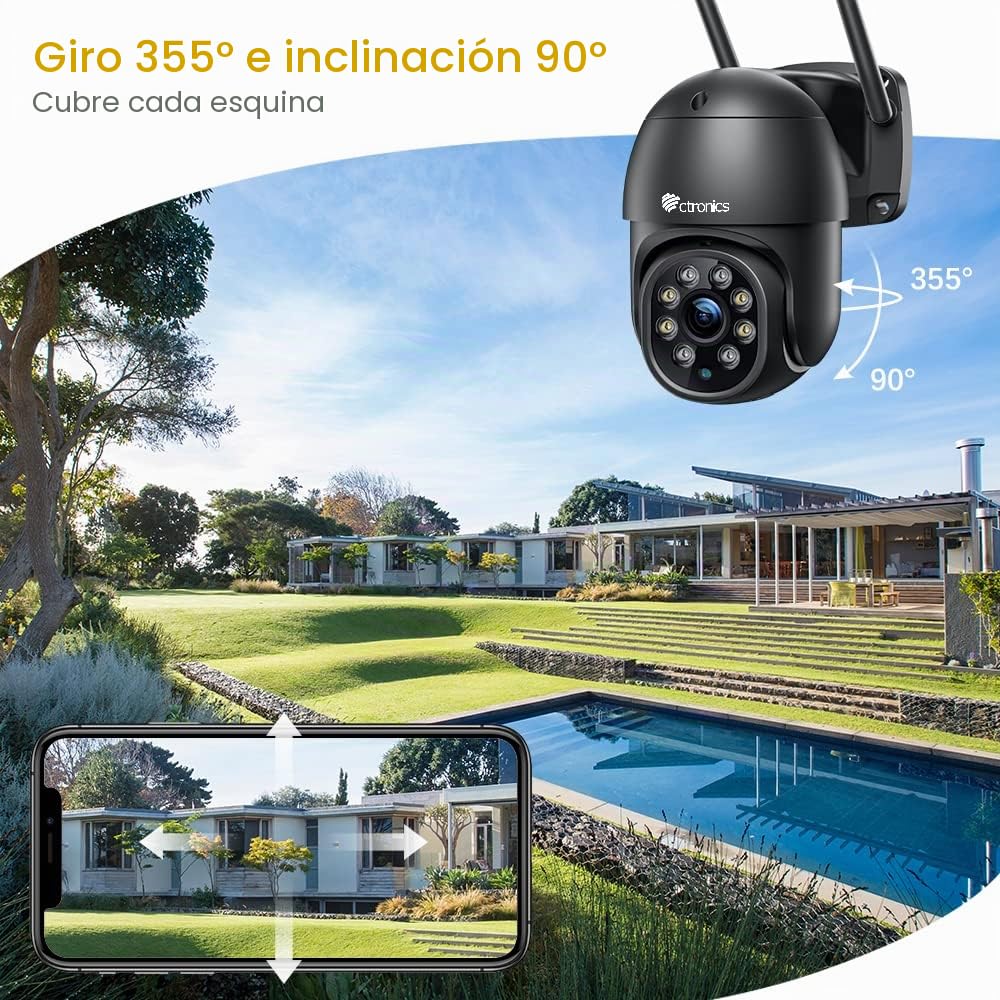 Ctronics Cámara de Vigilancia PTZ Exterior, IP WiFi con Visión Nocturna a Color de 30 m