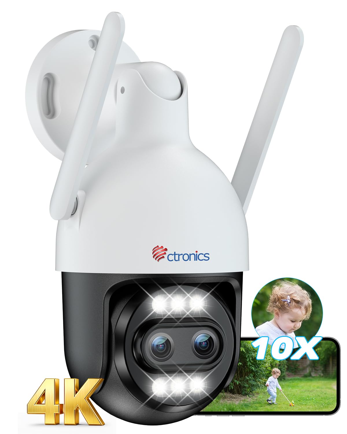 Ctronics Cámara de vigilancia exterior 4K con zoom híbrido 10X, doble objetivo, seguimiento automático, detección de personas, vehículos y animales, compatible con FTP y NVR