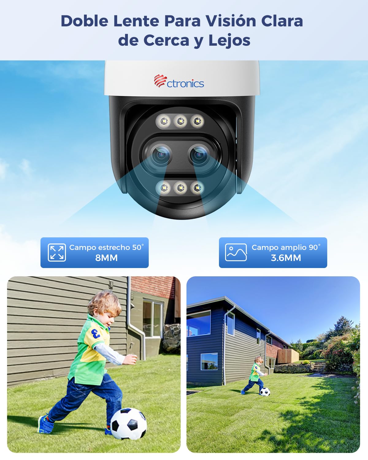 Ctronics Cámara de vigilancia exterior 4K con zoom híbrido 10X, doble objetivo, seguimiento automático, detección de personas, vehículos y animales, compatible con FTP y NVR