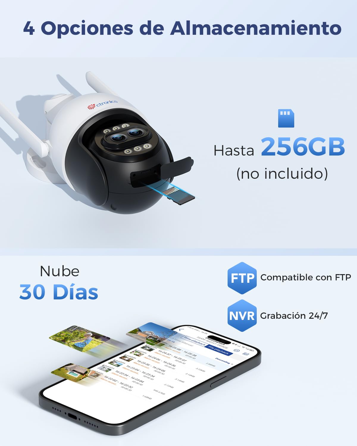 Ctronics Cámara de vigilancia exterior 4K con zoom híbrido 10X, doble objetivo, seguimiento automático, detección de personas, vehículos y animales, compatible con FTP y NVR