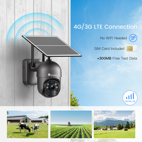  SECRT Cámaras para exteriores 3G/4G LTE inalámbricas, cámaras  de seguridad para el hogar alimentadas por energía solar con tarjeta SIM,  sin WiFi, visión nocturna de 4 MP, foco de visión panorámica