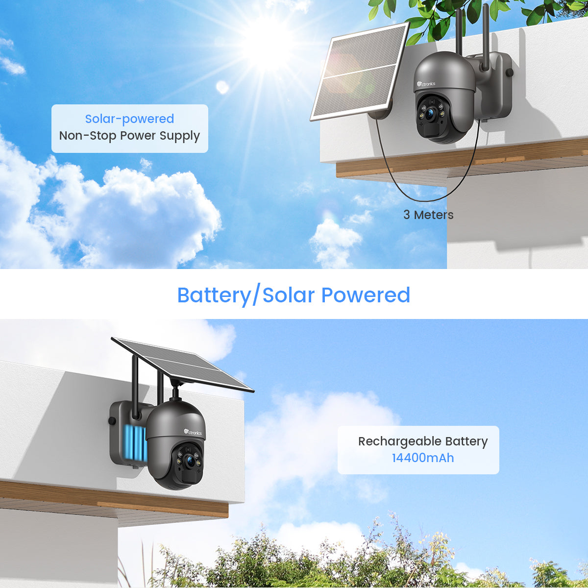 Ctronics Tarjeta SIM inalámbrica 3G/4G LTE Cámara de vigilancia solar para exteriores con batería de 10400mAh Visión nocturna 360° Color 30M