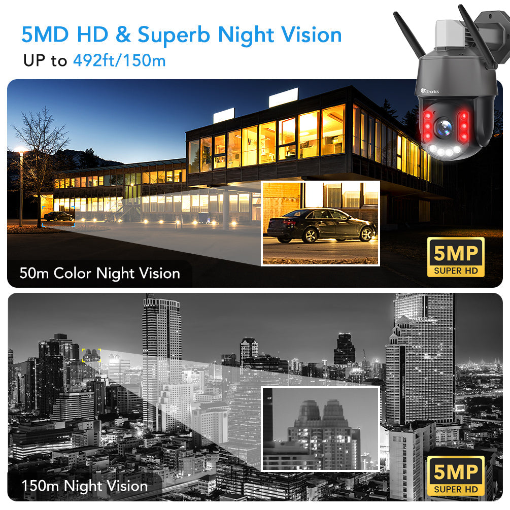 5MP 30X Zoom Óptico Ctronics Exterior WiFi Cámara de Vigilancia Detección Humana Automática y 150m Visión Nocturna